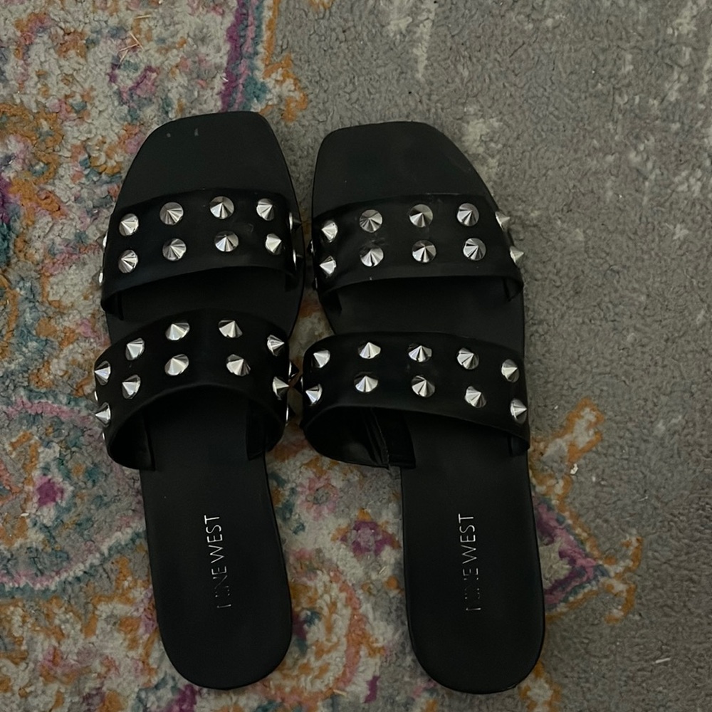 Black squared toe sandals with silver studs
